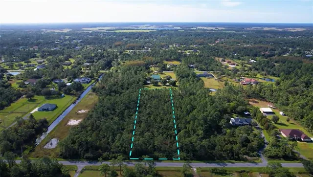 an aerial view of residential houses with outdoor space and trees