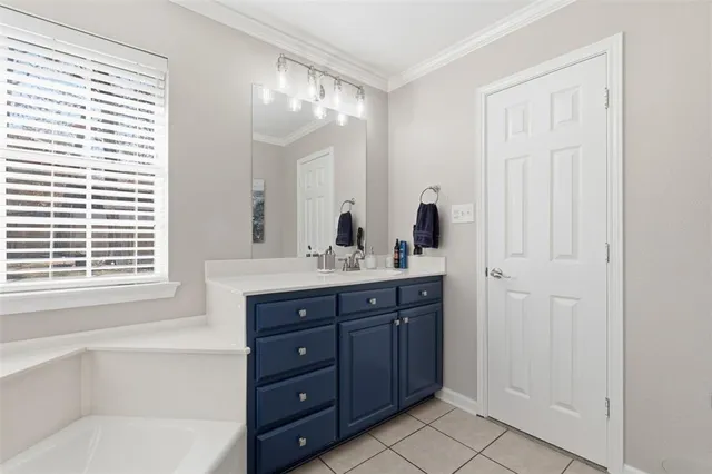 a bathroom with a tub a sink and a mirror