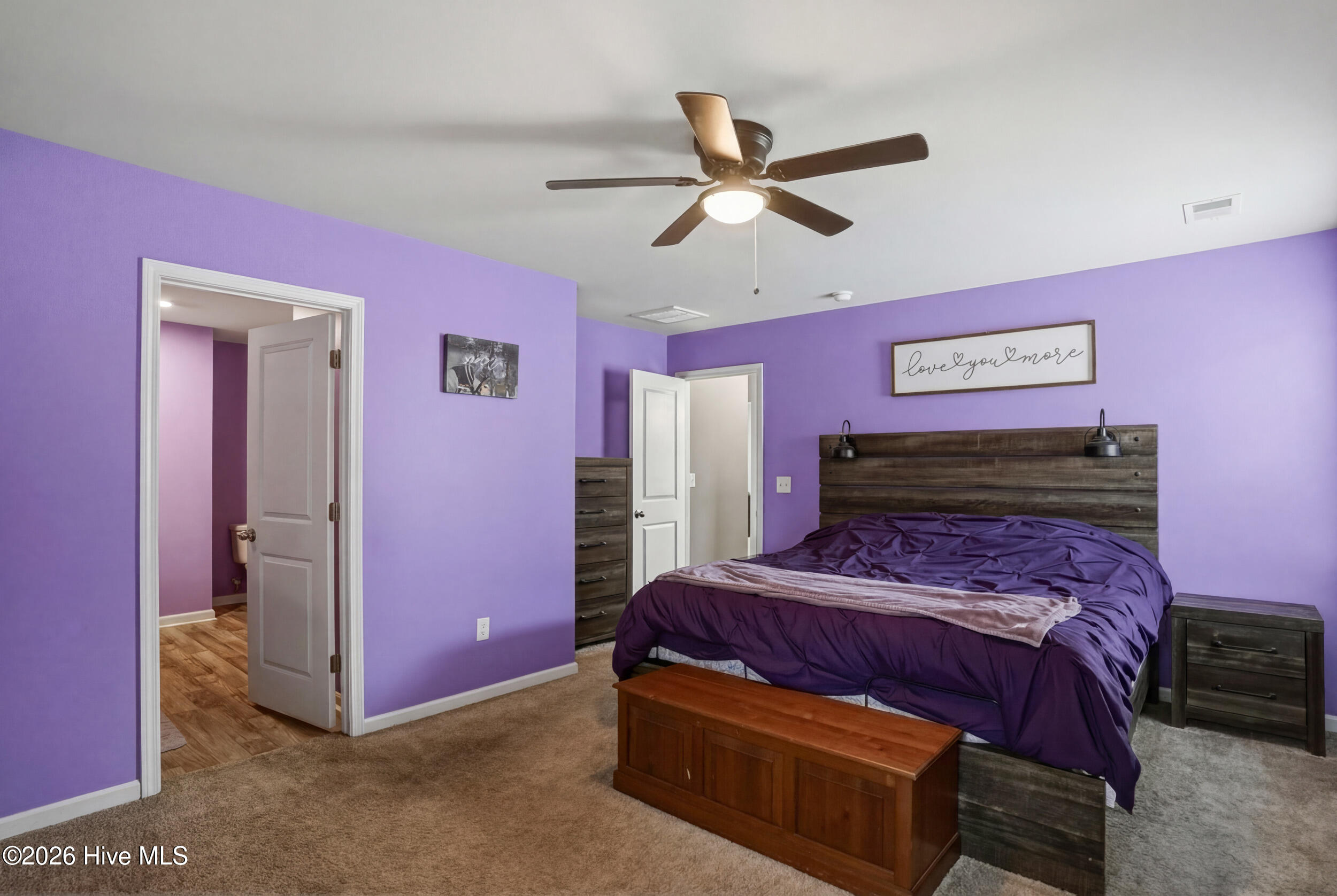 793 Landmark Cove Calabash, NC 28467 - Photo 25 of 53 Well-proportioned primary bedroom with carpet, ceiling fan, and plentiful natural light, highlighting the room’s versatility and comfort.