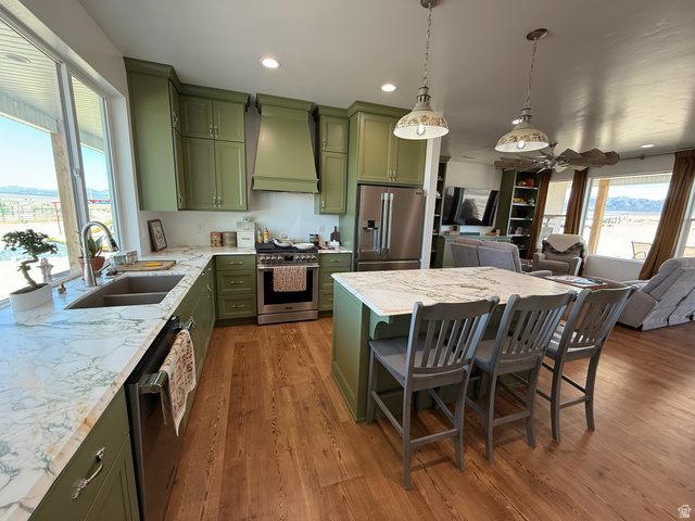 3550 North River Ln Road East Panguitch, UT 84759 - Photo 12 of 25 Kitchen featuring green cabinetry, light-toned countertops, stainless steel appliances, and wood-finish flooring