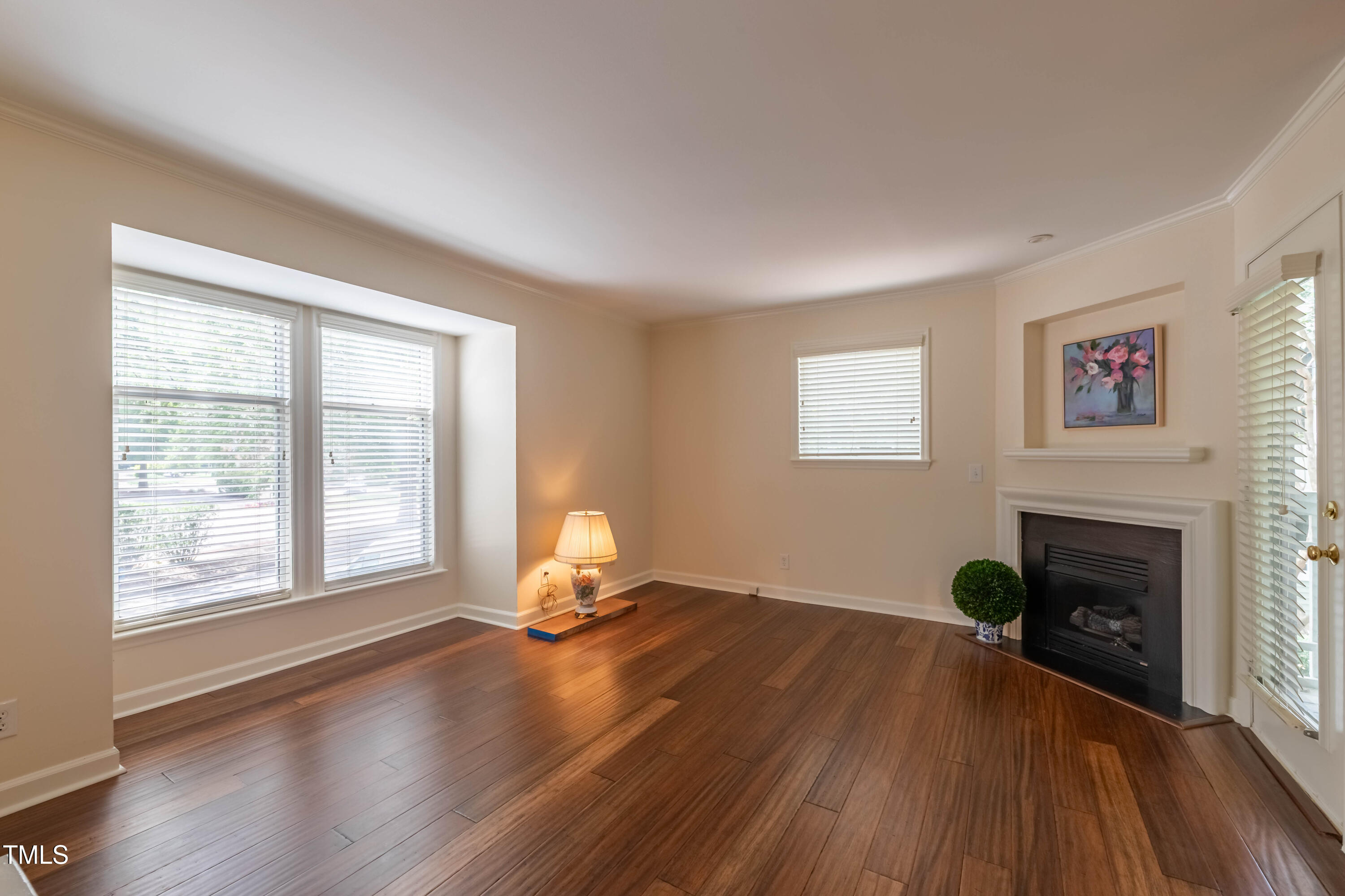 1211 Westview Lane, Unit 201 Raleigh, NC 27605 - Photo 23 of 40 a living room with wooden floor and a fireplace