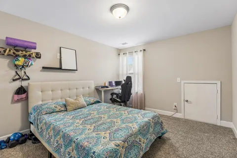 a bedroom with a bed and a chandelier