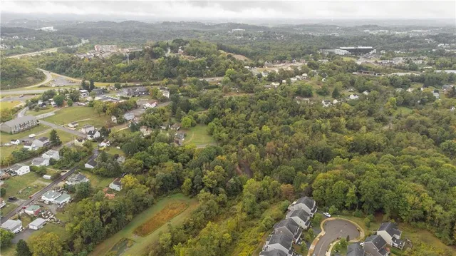 a view of a city with lush green forest