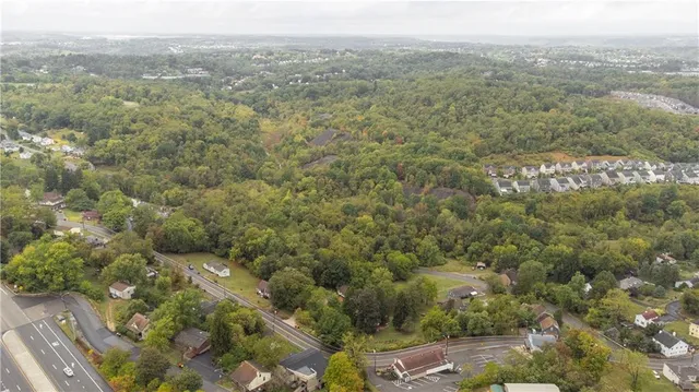 a view of a city with lush green forest