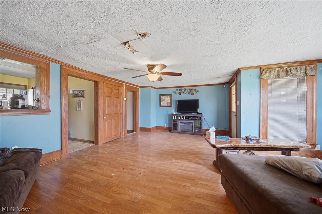 4677 Rock Spring Road Ravenna, OH 44266 - Photo 5 of 35 Living room with hardwood / wood-style floors, ceiling fan, ornamental molding, and a textured ceiling