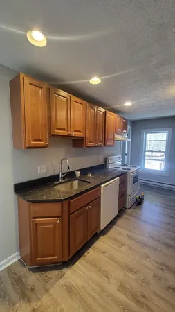 a kitchen with granite countertop wooden cabinets a sink a window and stainless steel appliances