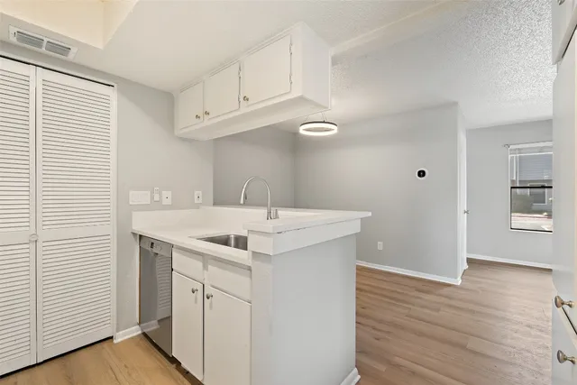 a kitchen with a sink cabinets and wooden floor