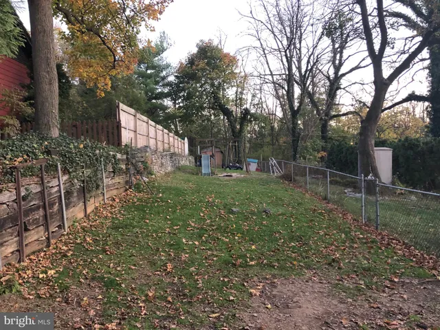 a view of a backyard with large trees