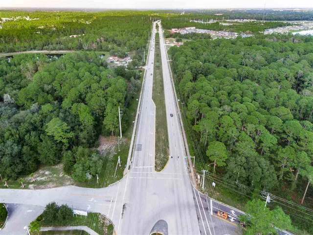 a view of a city with lush green forest