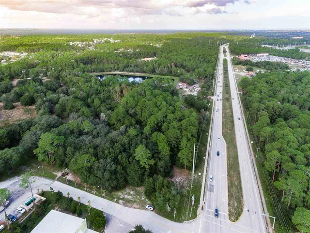 a view of a city with lush green forest