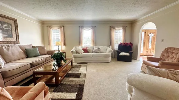 a living room with furniture a rug and a wall painting