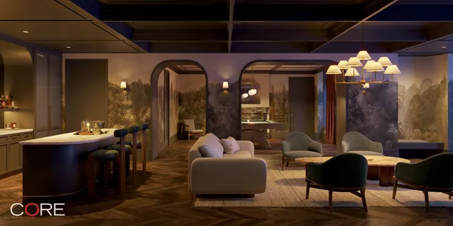 a living room with furniture gym equipment and large windows