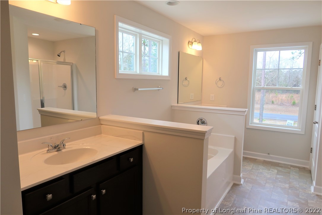 975 Montrose Road Raeford, NC 28376 - Photo 11 of 18 a bathroom with a sink double vanity and a bathtub