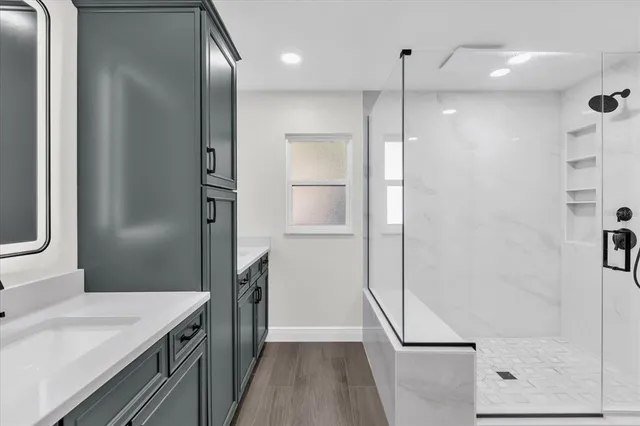 a bathroom with a shower and a sink