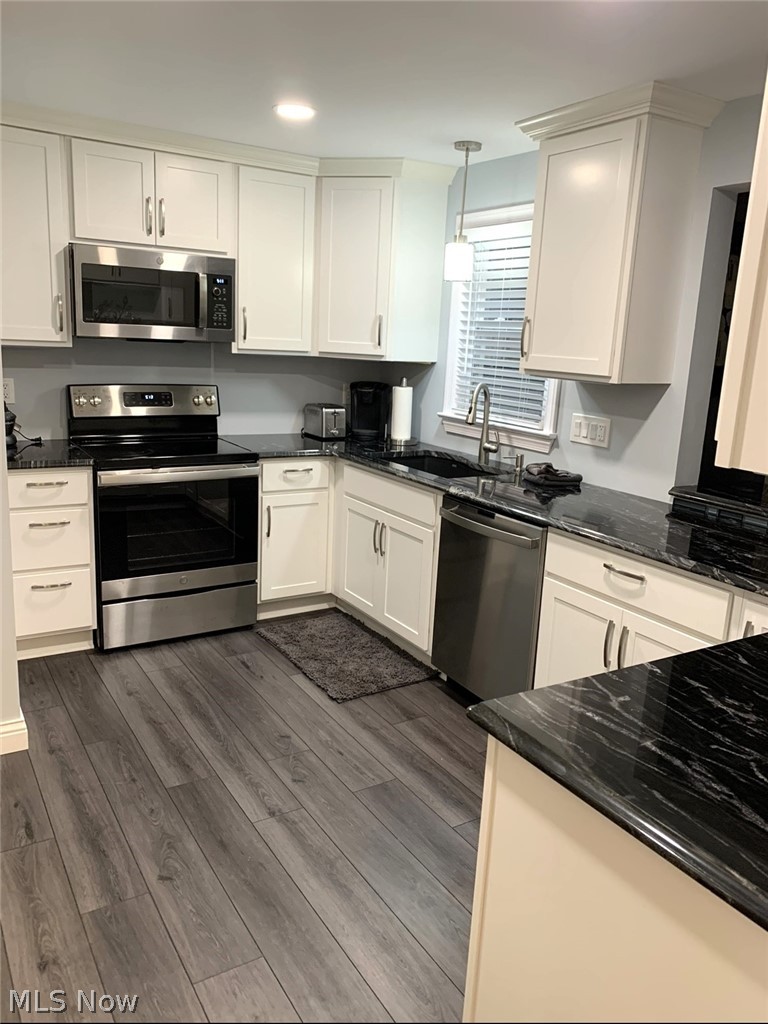 1112 Brainard Road Lyndhurst, OH 44124 - Photo 6 of 34 Kitchen with new light fixtures, white cabinetry, luxury vinyl style floors, and stainless steel appliances