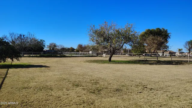 a view of a yard with a house in the background