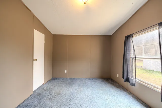 a view of a dry yard with green space and fog