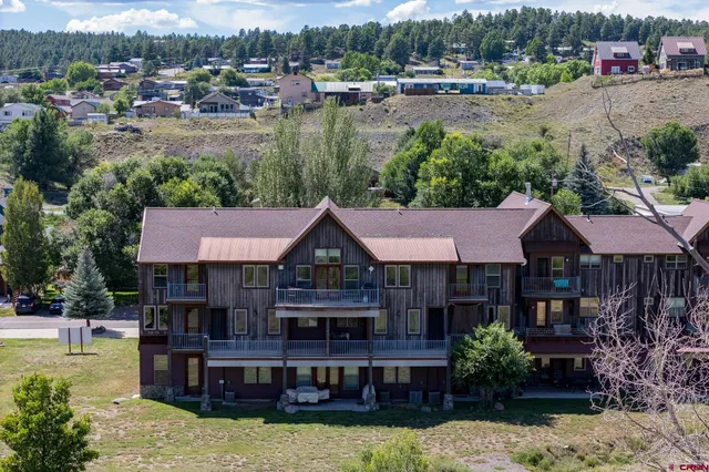 a view of a town with large trees and buildings in the background