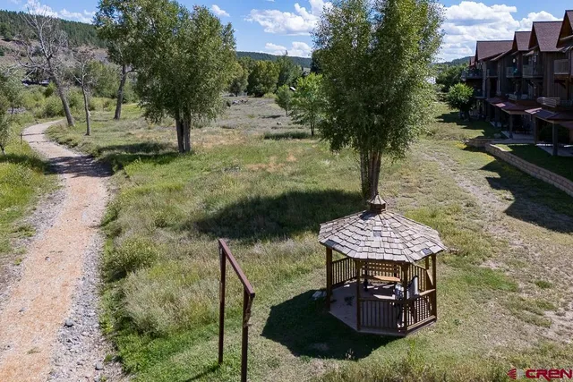 a view of a backyard with plants and a patio