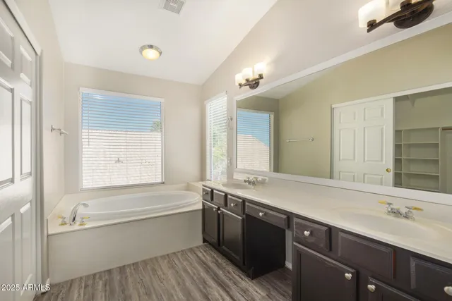 a bathroom with a tub a sink and a large mirror