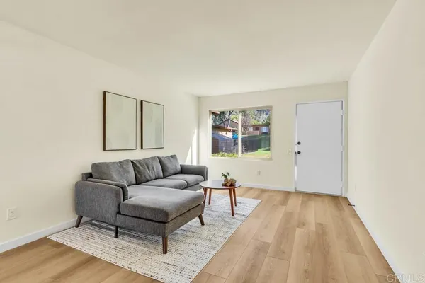 a living room with furniture and a rug