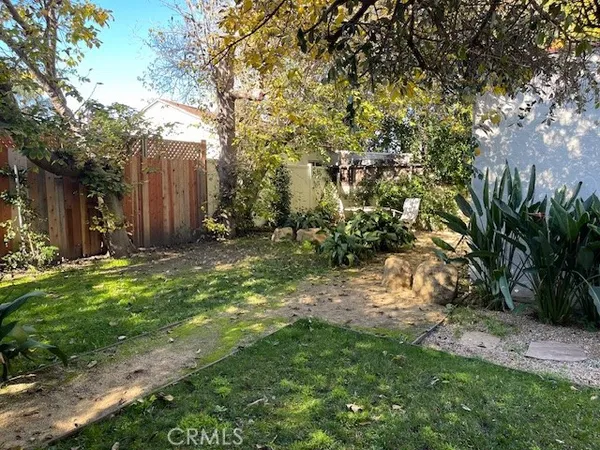 a view of a garden with large trees
