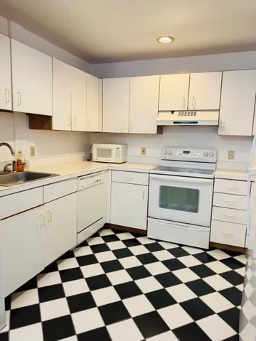 a kitchen with a sink a stove and a refrigerator