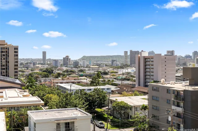 a city view with tall buildings