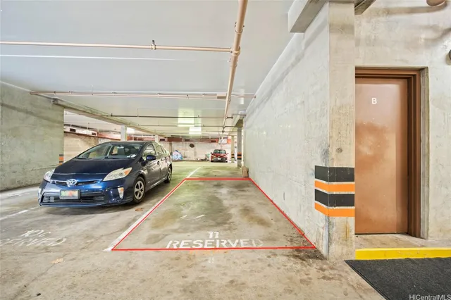 a view of car parked in garage