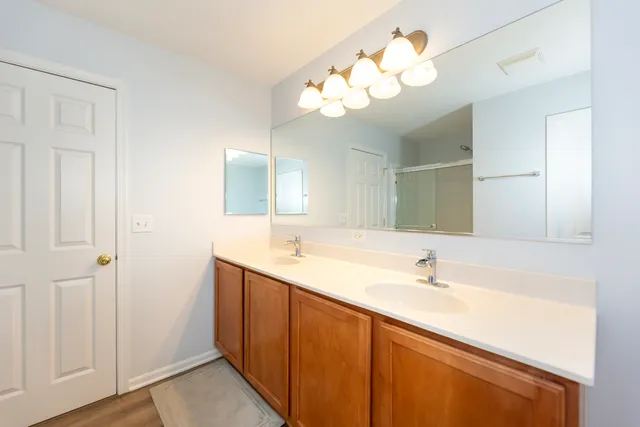 a bathroom with a sink vanity and a mirror