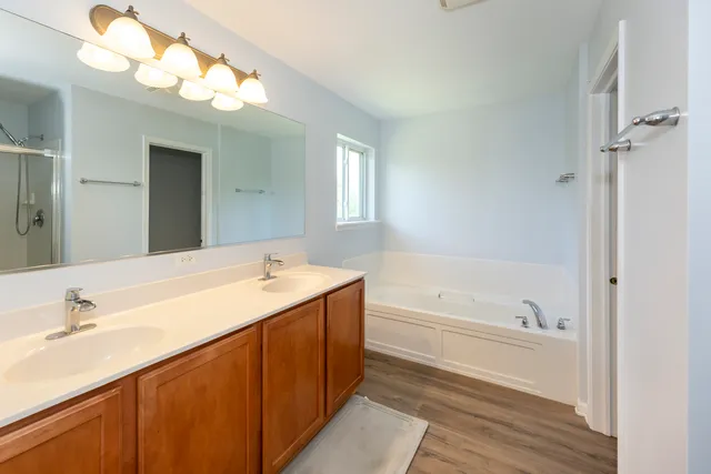 a bathroom with a tub a sink and mirror