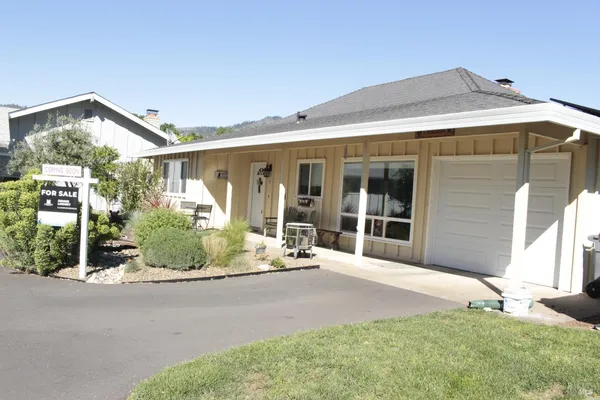 a front view of a house with a yard and potted plants