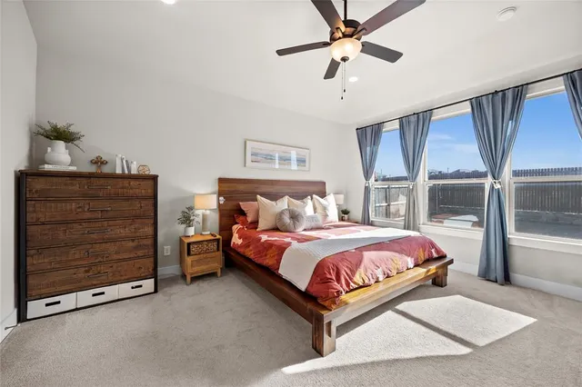 a bed room with a bed and a ceiling fan