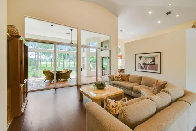 a view of a park with large trees