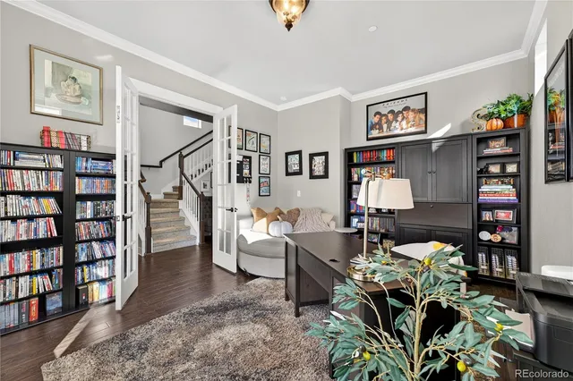 a living room with furniture and book shelf