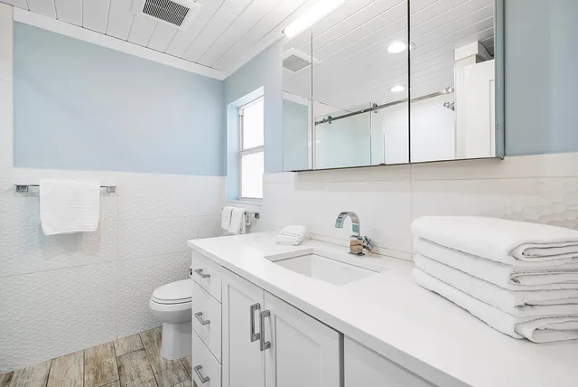 a bathroom with a sink toilet and mirror