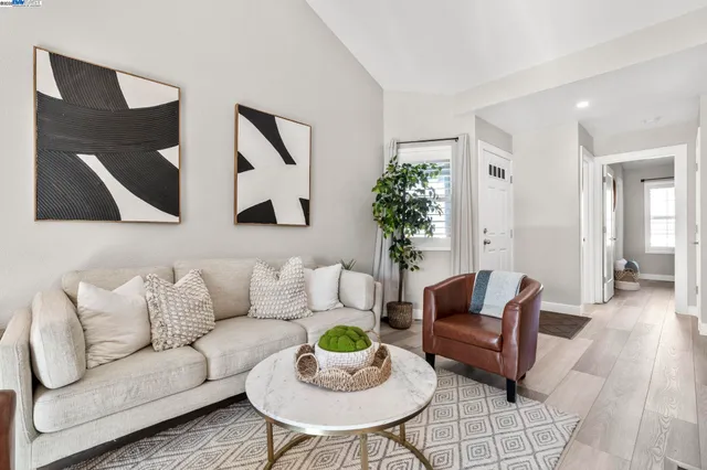 a living room with furniture and a potted plant
