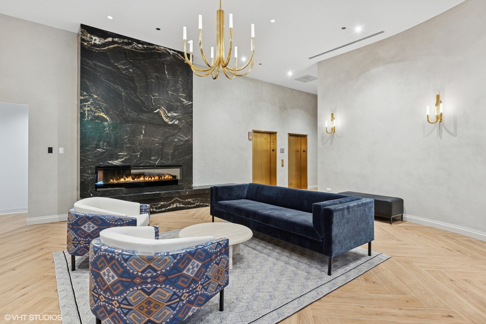 340 West Superior Street, Unit 1607 Chicago, IL 60654 - Photo 5 of 17 a living room with furniture and a chandelier