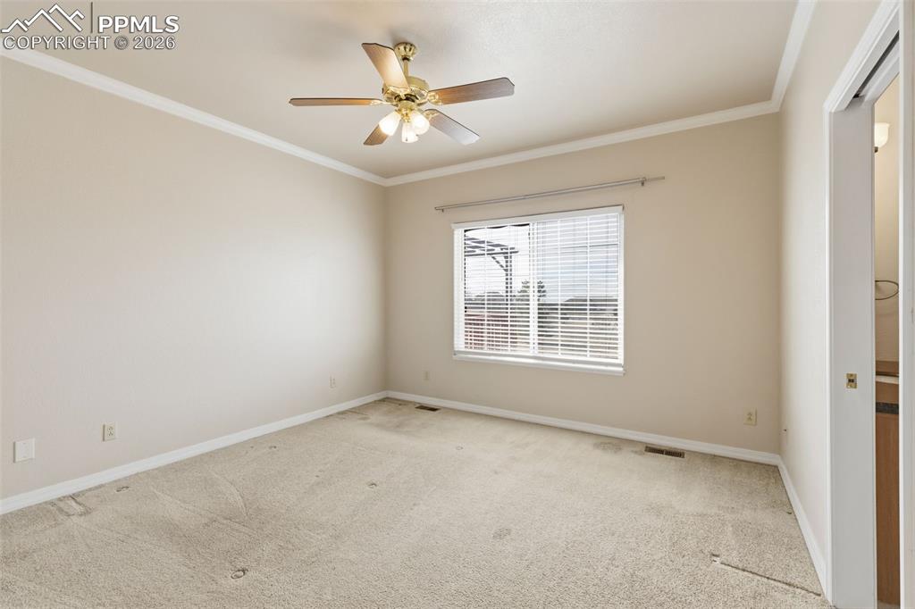 11515 Texarkanna Road Peyton, CO 80831 - Photo 22 of 49 Spare room with ornamental molding, carpet, and a ceiling fan