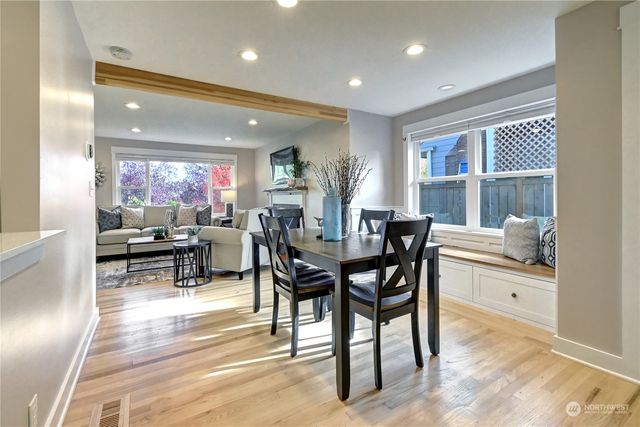 a view of a dining room with furniture