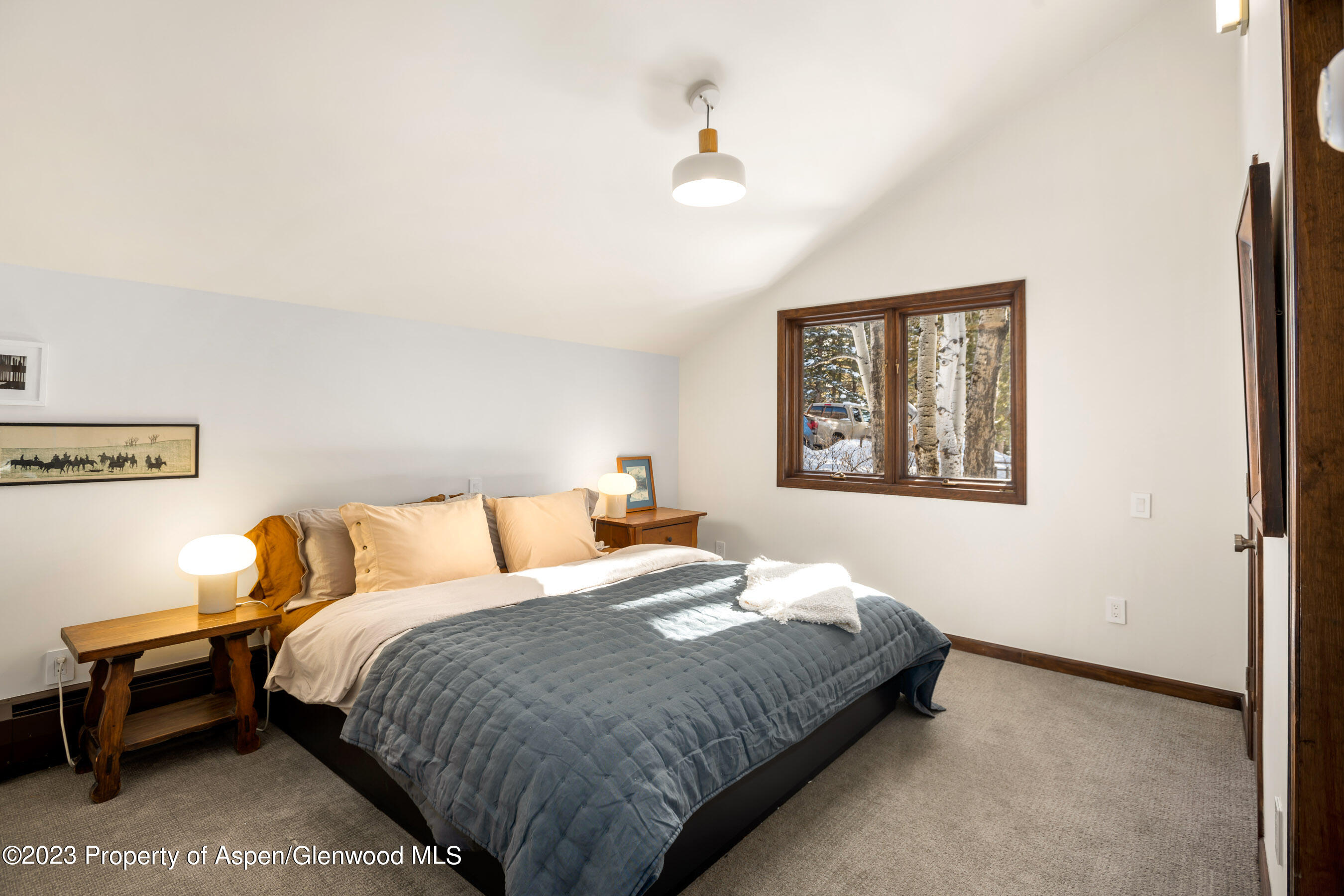 1036 Red Mountain Road Aspen, CO 81611 - Photo 13 of 37 a bedroom with a bed and a lamp on dresser