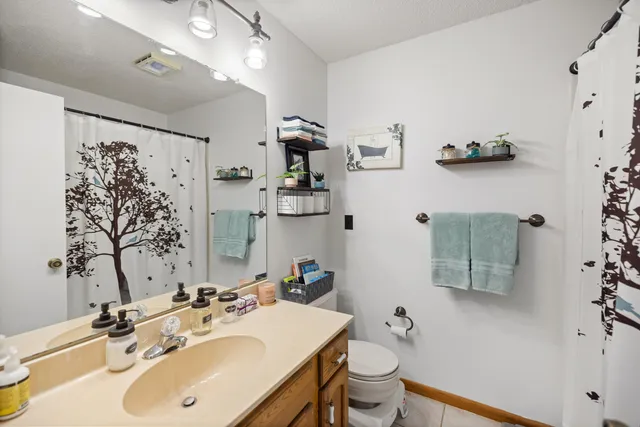 a bathroom with a sink vanity mirror and toilet