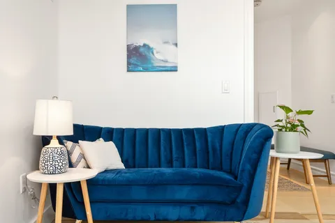 a room with a couch and a potted plant
