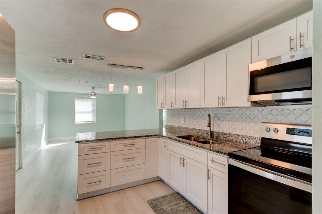 404 Adele Street Edgewater, FL 32132 - Photo 8 of 23 a kitchen with granite countertop a stove a sink and a microwave