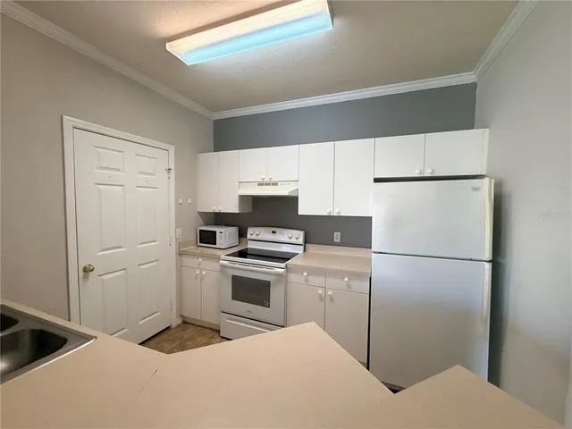 a kitchen with a refrigerator sink stove and cabinets