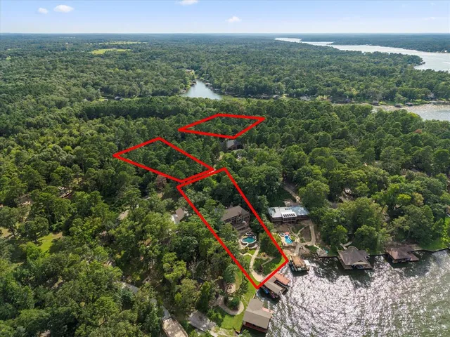 an aerial view of a houses with a lush green forest