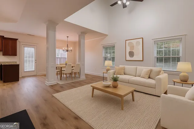 a white building with a fireplace