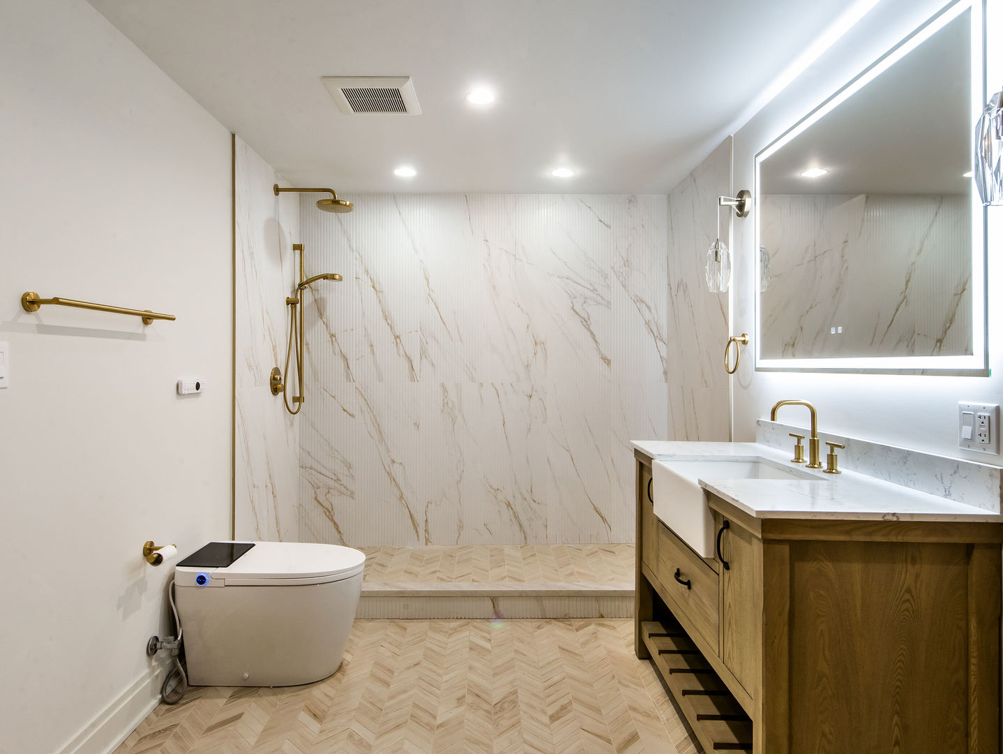 1 Morrison Road Northbrook, IL 60062 - Photo 44 of 58 a bathroom with a granite countertop sink a toilet a mirror and shower