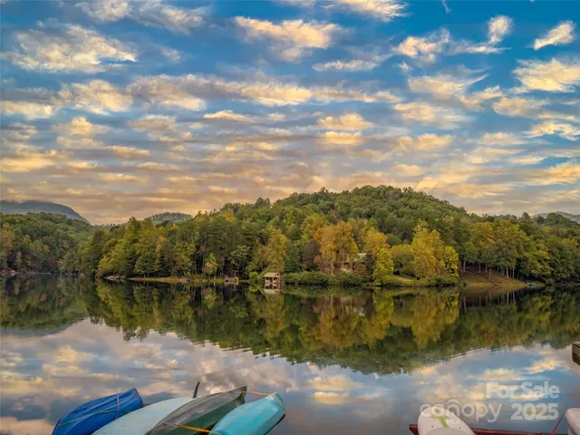 a view of a lake in between two large trees