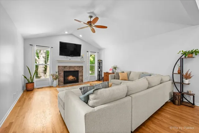 a living room with furniture and a fireplace